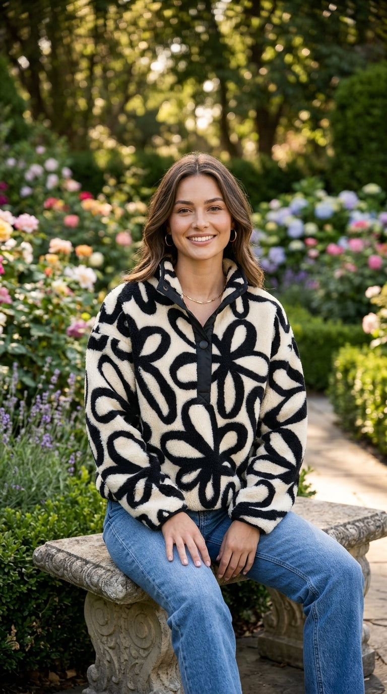 Daisy Print Zip Up Fleece Pullover