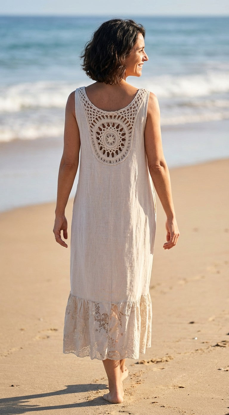 Crochet Back Lace Linen Dress