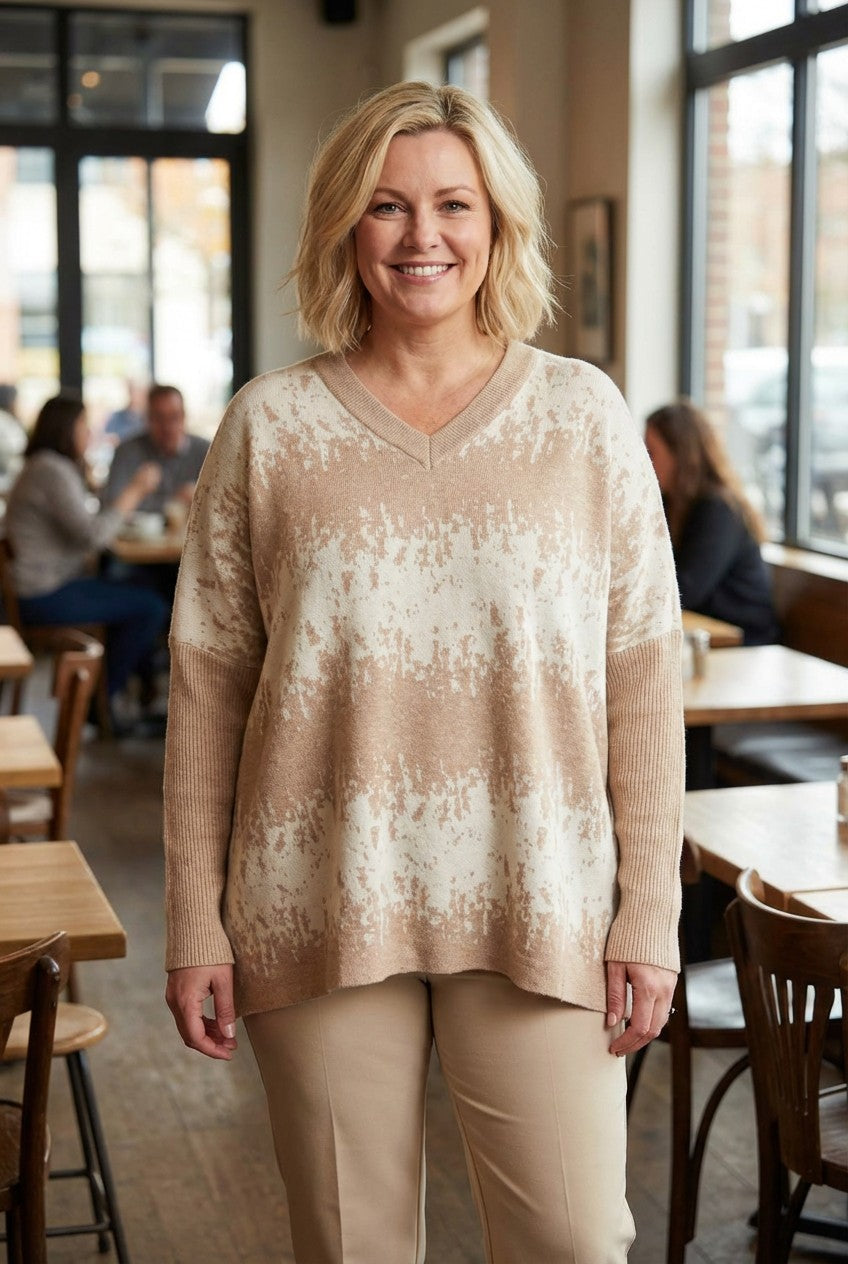 Curve V Neck Caramel/Cream Gradient Print Jumper