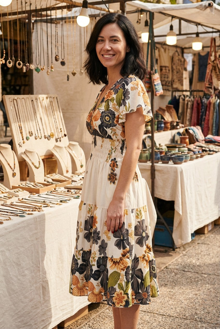 Bold Flower Border Button Midi Dress