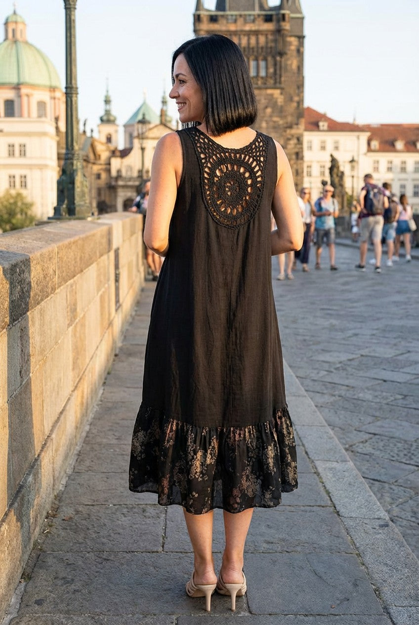 Crochet Back Lace Linen Dress