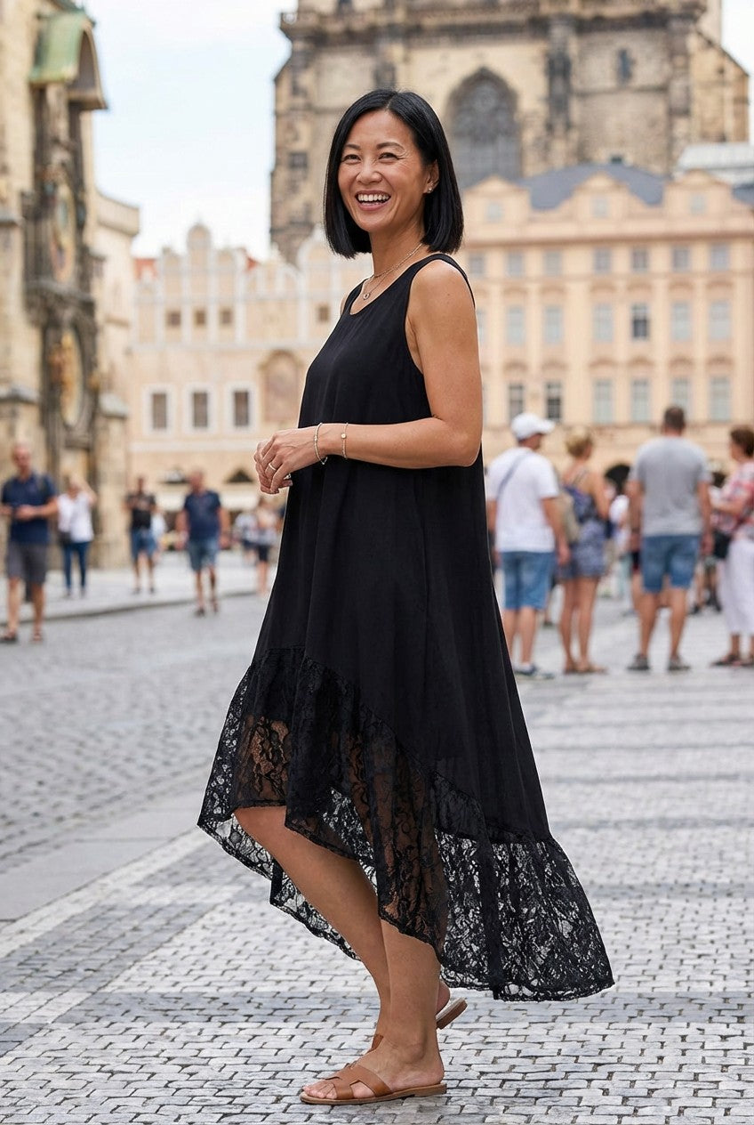 Crochet Back Lace Linen Dress