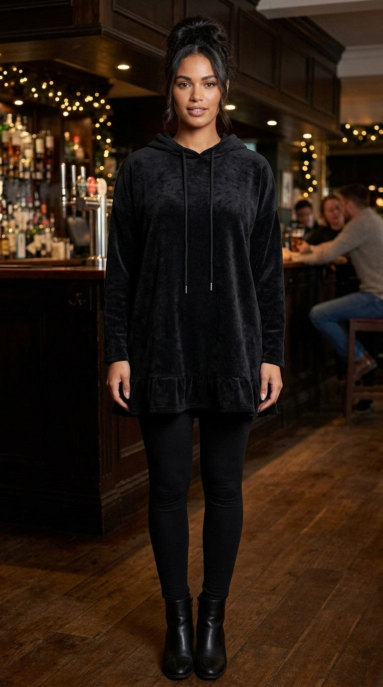Frilled Velour Ribbed Hoodie