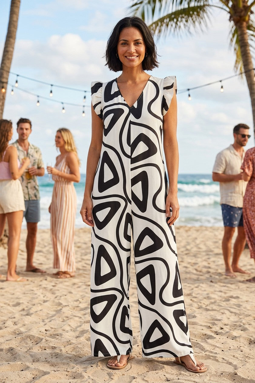 Patterned Ruffle Sleeve Jumpsuit