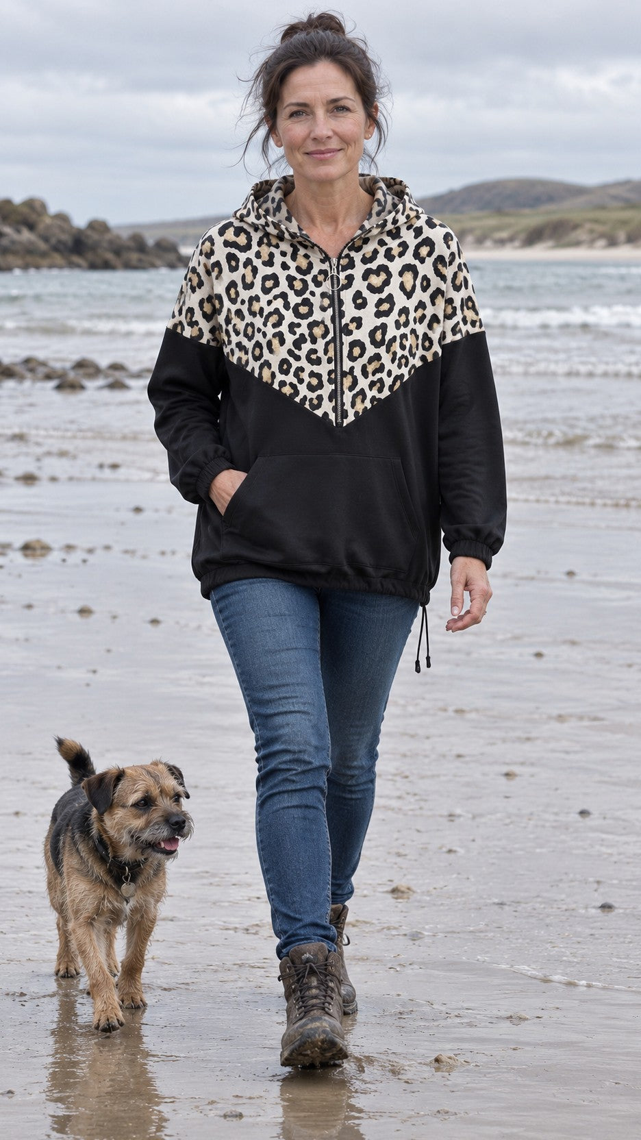 Leopard Trim Zip Up Hoodie