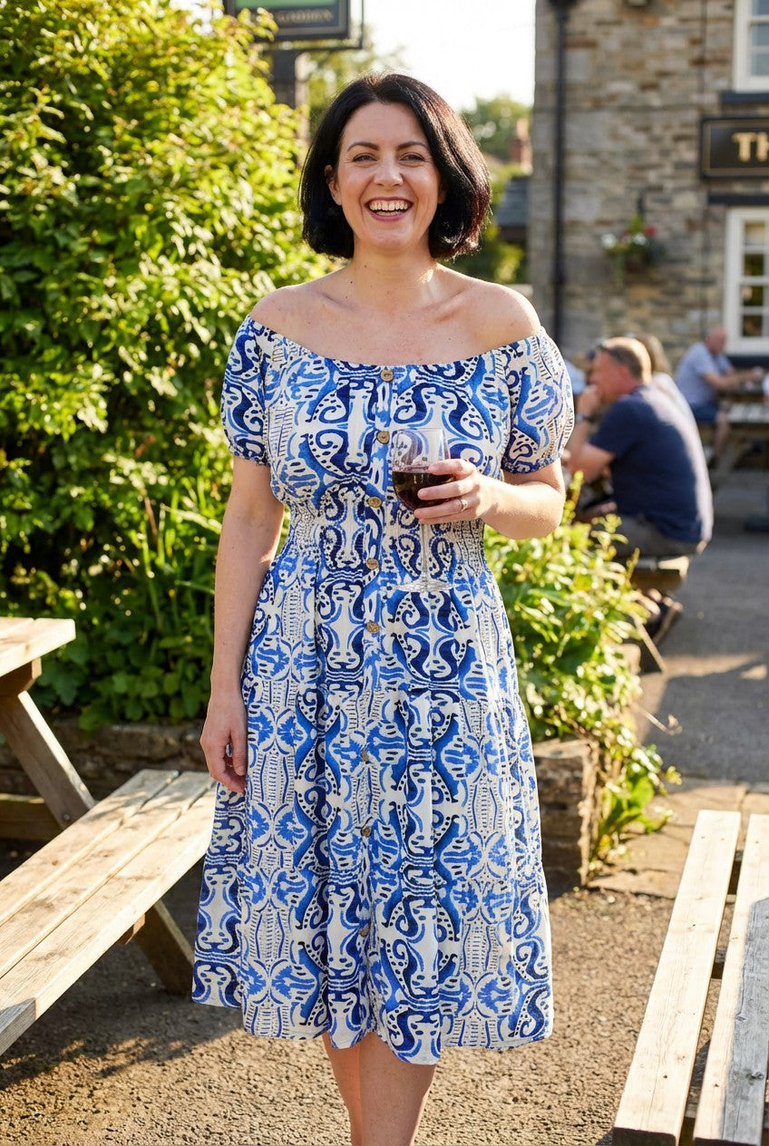 Aztec Print Button Front Bardot Dress