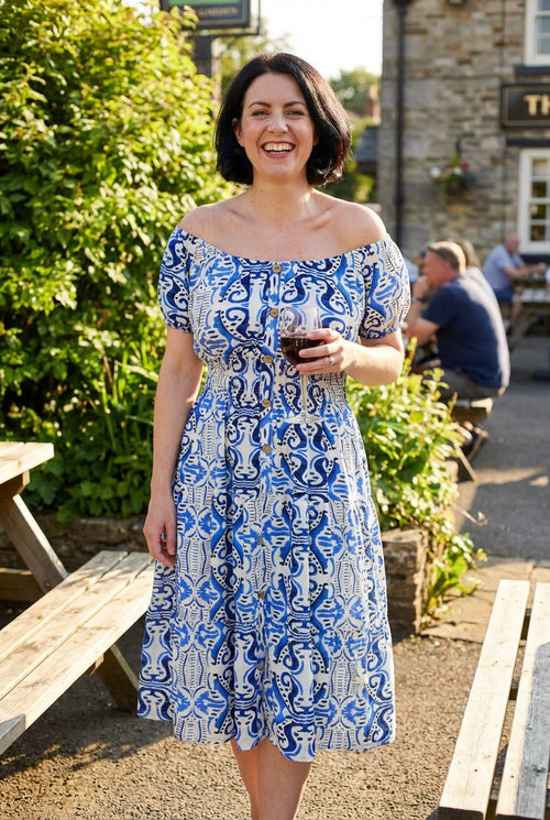 Aztec Print Button Front Bardot Dress