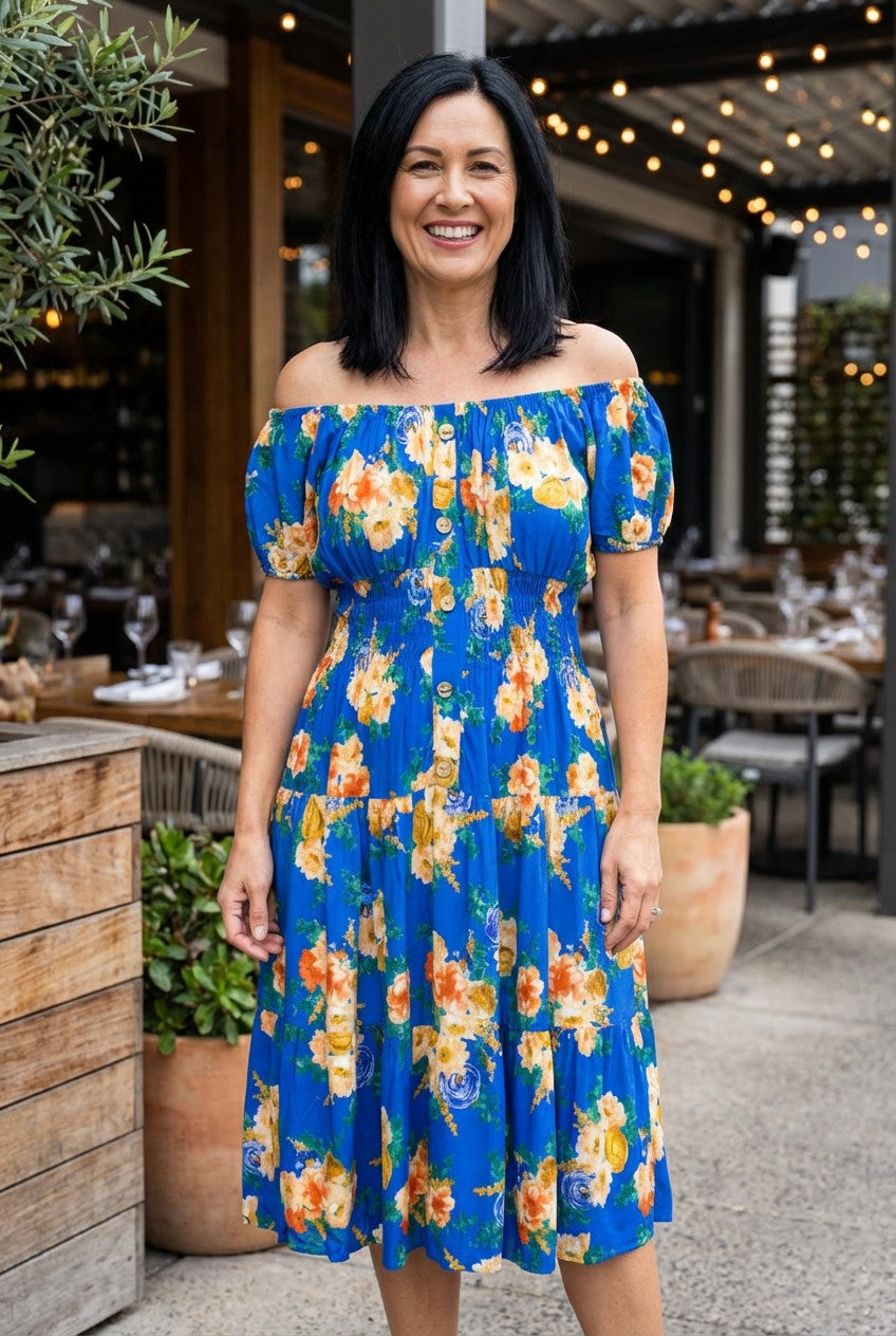 Blue Floral Bardot Button Front Midi Dress