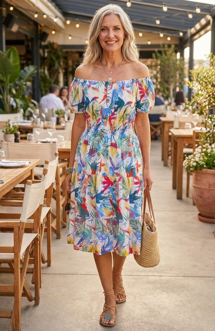 Tropical Print Bardot Dress