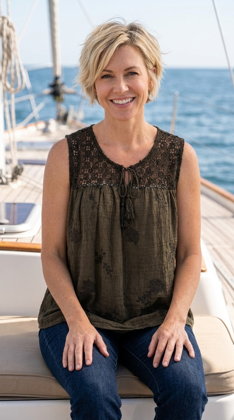 Embroidered Crochet Neckline Top