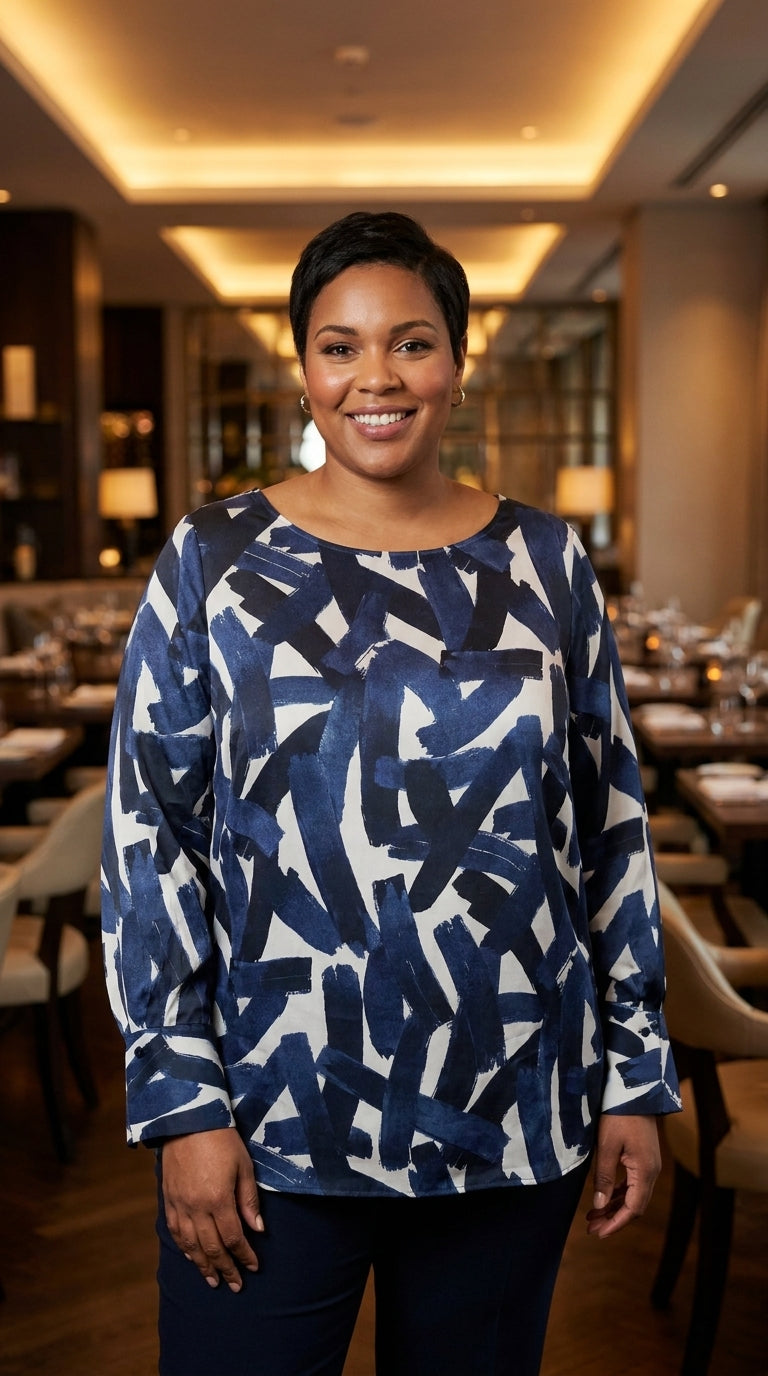 Blue Brush Stroke Pattern Satin Blouse