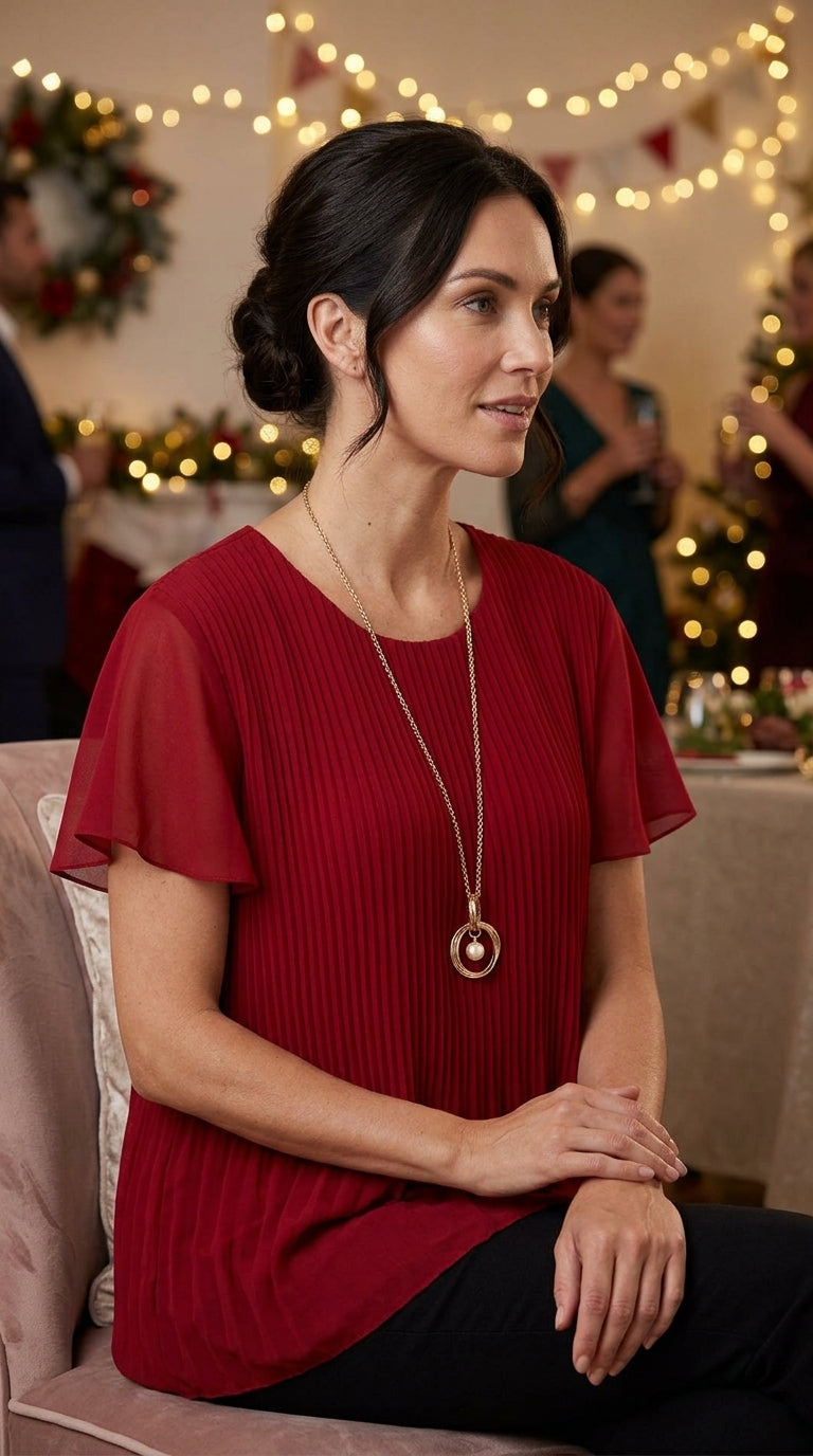 Short Sleeved Pleated Necklace Top