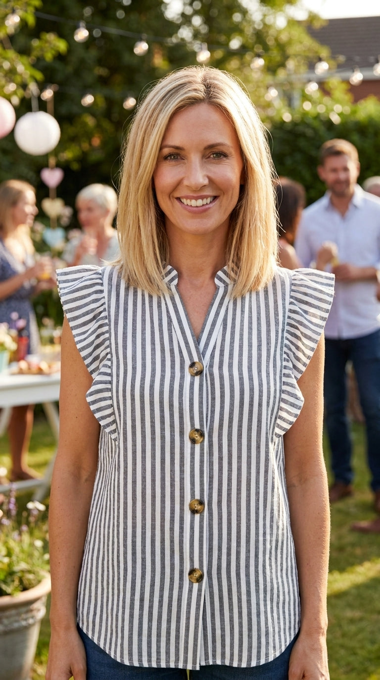 Candy Stripe Button Frill Top