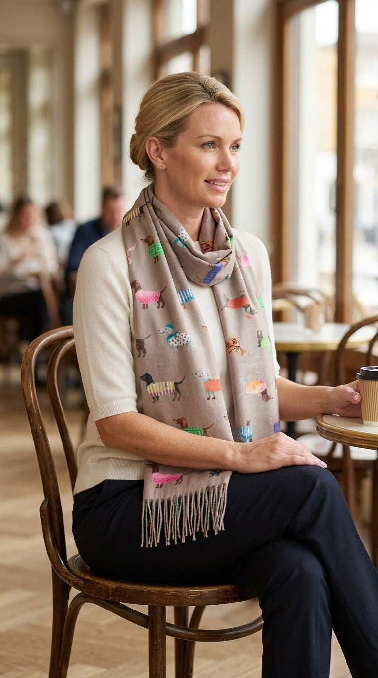 Dachshund Dog Print Fringed Scarf