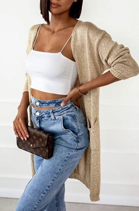 Shimmer Longline Knitted Gold Cardigan