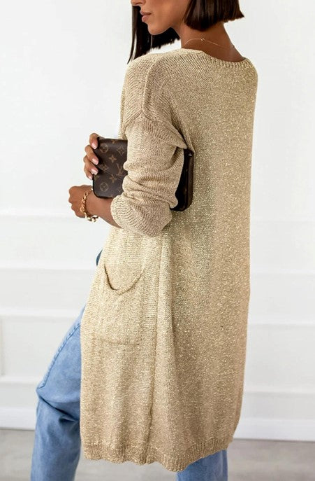 Shimmer Longline Knitted Gold Cardigan