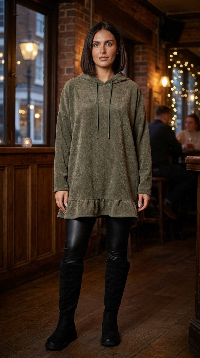 Frilled Velour Ribbed Hoodie