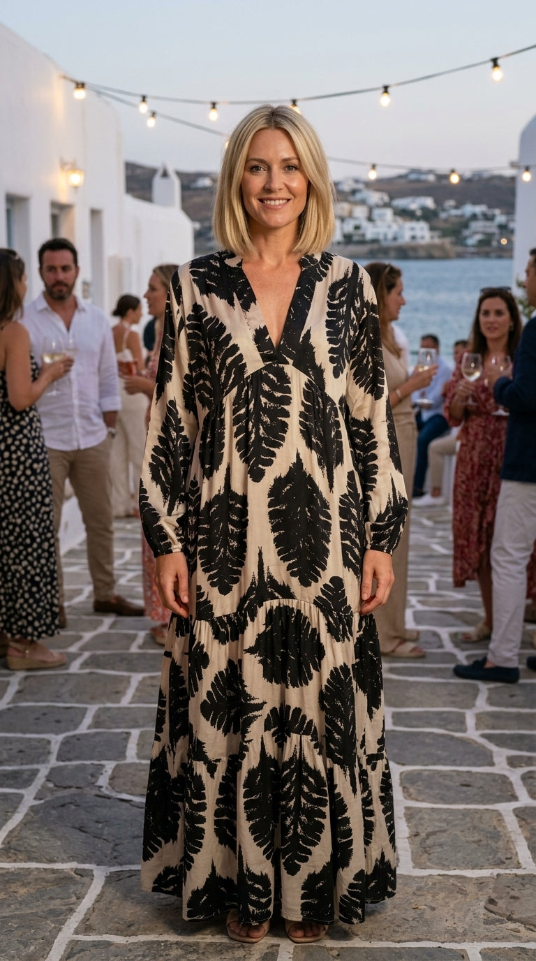 Leaf Print Black/Beige Maxi Dress