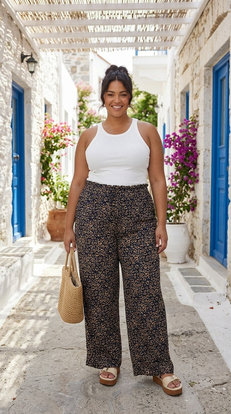 Curve Leopard Print Wide Leg Trousers