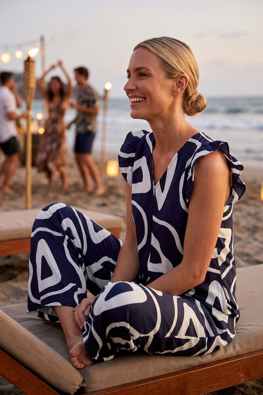 Patterned Ruffle Sleeve Jumpsuit