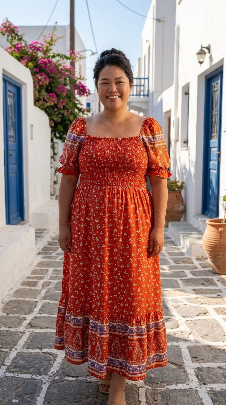 Curve Shirred Floral Burnt Orange Maxi Dress