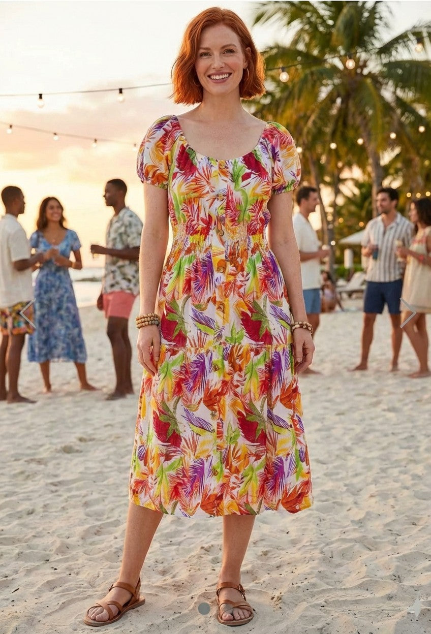 Tropical Print Bardot Dress