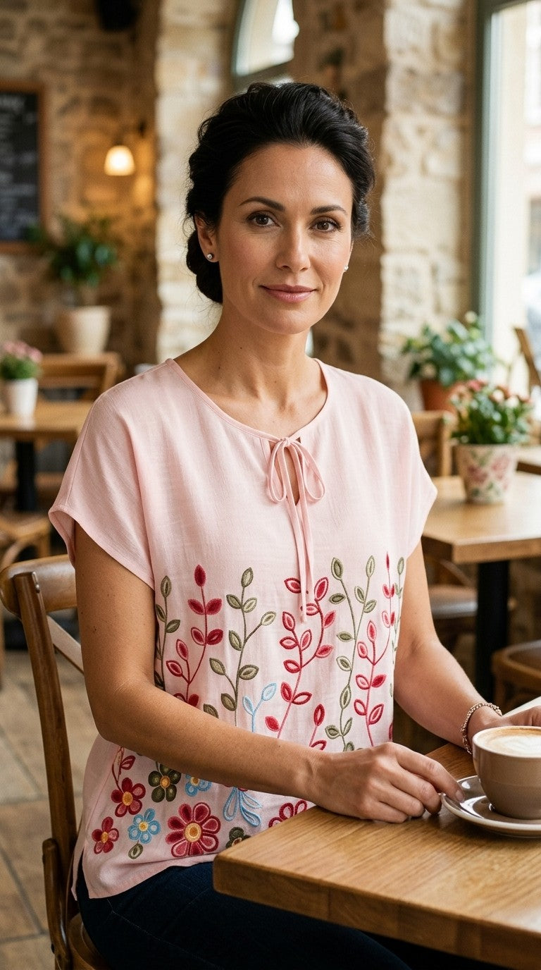 Tie Front Embroidered Floral Blouse