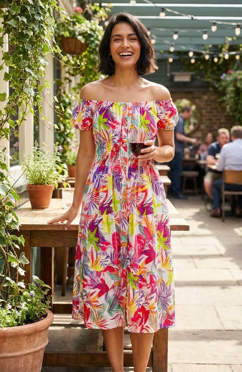 Tropical Print Bardot Dress