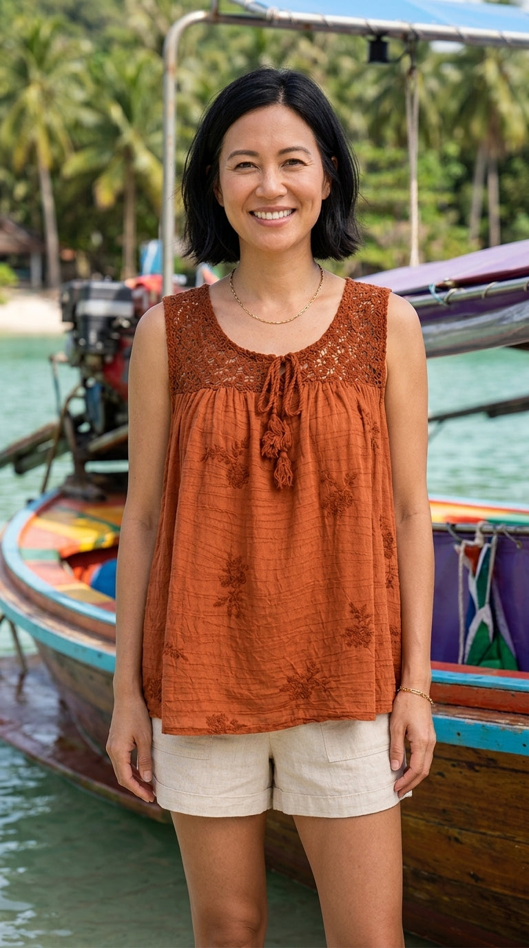 Embroidered Crochet Neckline Top