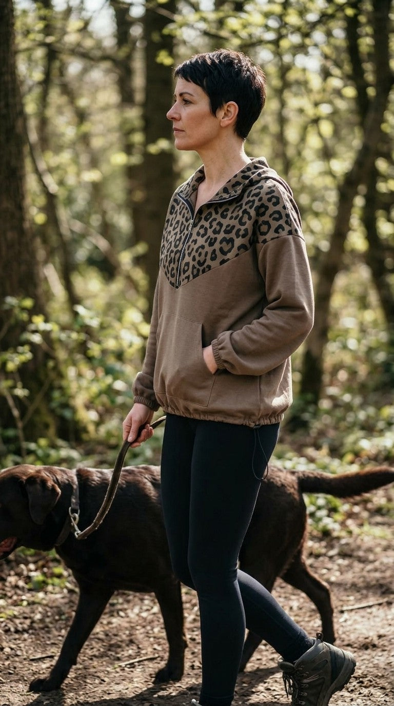 Leopard Trim Zip Up Hoodie