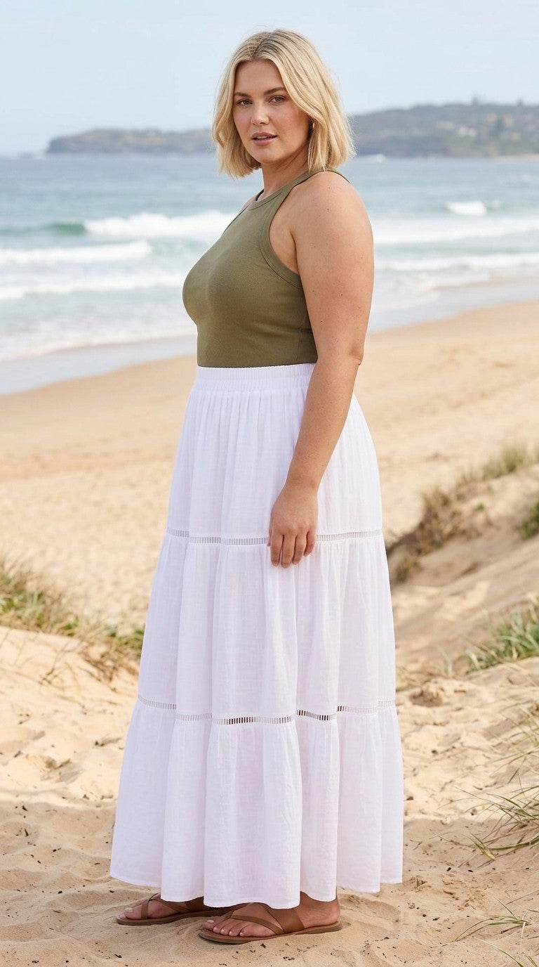 Curve Ladder Trim White Maxi Skirt