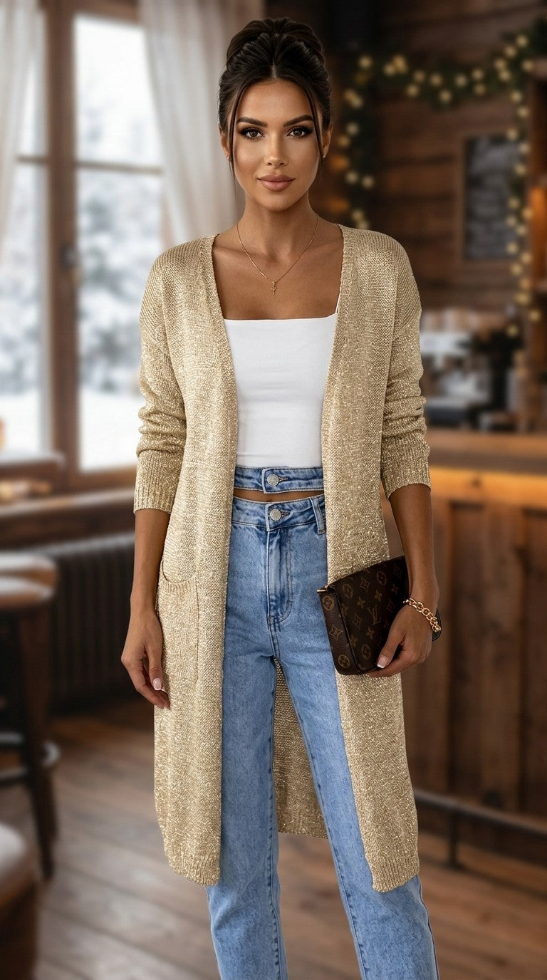 Shimmer Longline Knitted Gold Cardigan