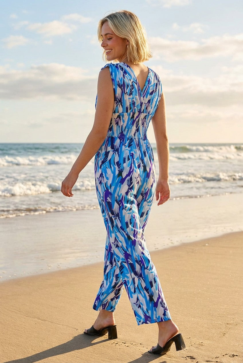 Aqua Blue Floral Print Jumpsuit