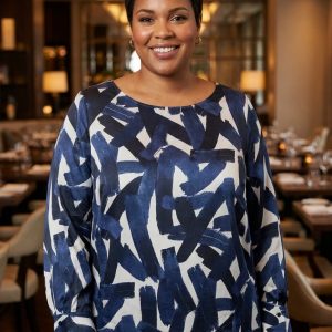 Blue Brush Stroke Pattern Satin Blouse