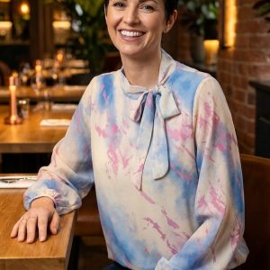 Fade Print T Neck Volume Sleeve Chiffon Blouse