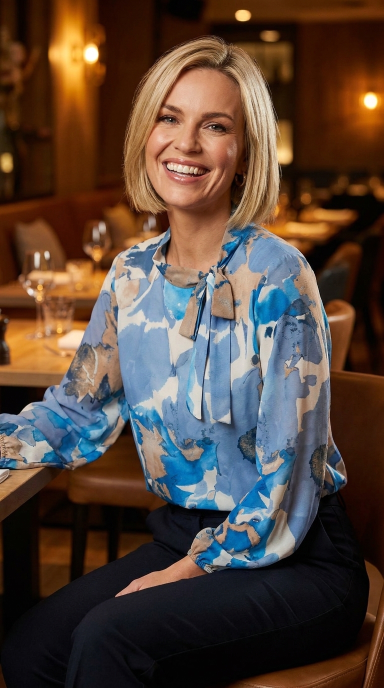 Watercolour Print Tie Neck Chiffon Blouse