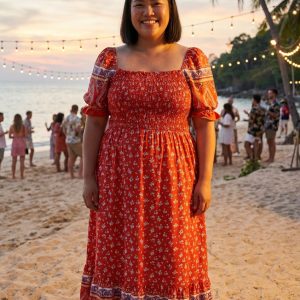 Curve Shirred Floral Burnt Orange Maxi Dress