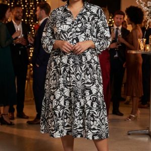 Curve Black & White Floral Shirt Style Dress