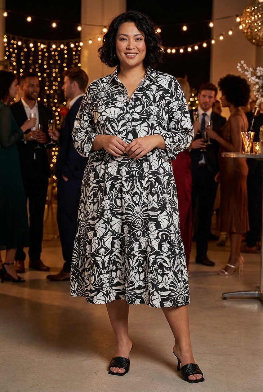 Curve Black & White Floral Shirt Style Dress