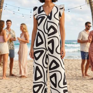 Patterned Ruffle Sleeve Jumpsuit