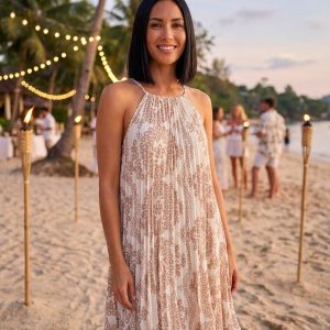 Tie Up Patterned Pleated Dress