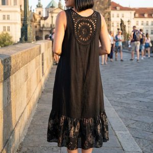 Crochet Back Lace Linen Dress