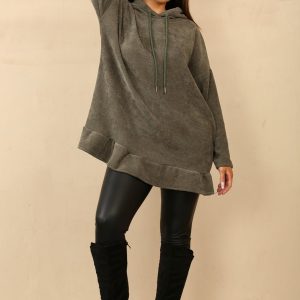 Frilled Velour Ribbed Hoodie