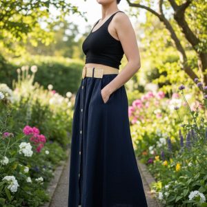 Button Front Belted Skirt