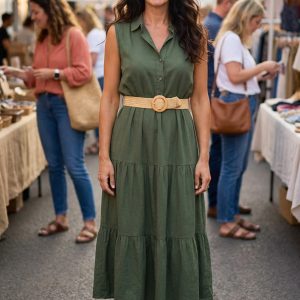 Belted Sleeveless Button Front Maxi Dress