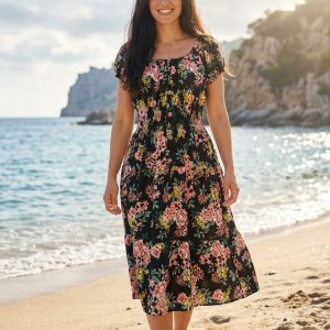 Vintage Flower Button Front Bardot Midi Dress