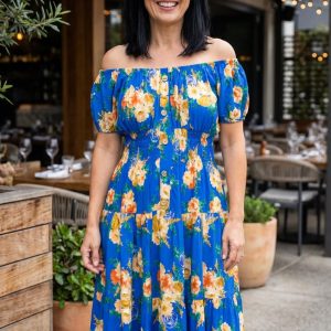 Blue Floral Bardot Button Front Midi Dress