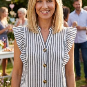 Candy Stripe Button Frill Top