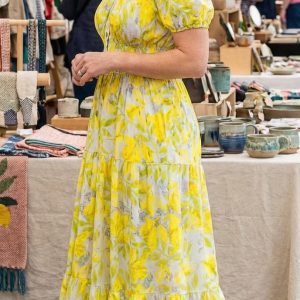 Gold Flower Button Maxi Bardot Dress