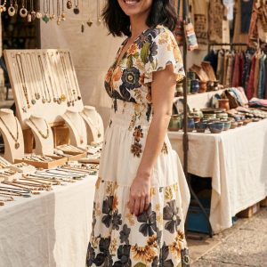 Bold Flower Border Button Midi Dress